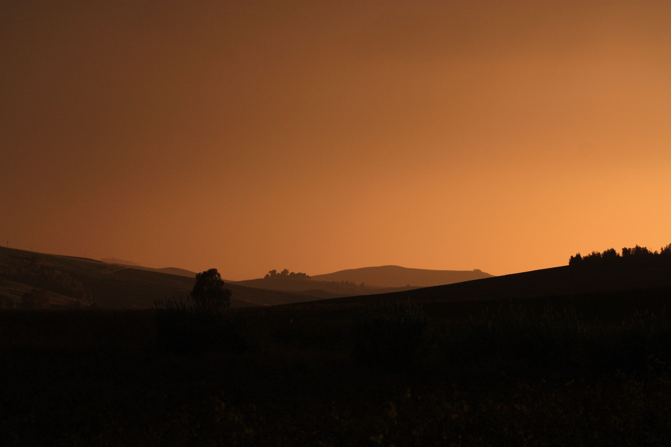 Open landscape at dusk, low hills against a bare sky.